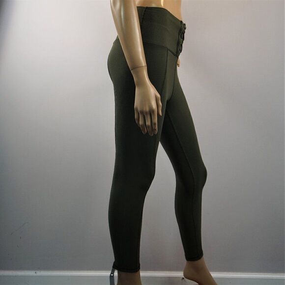 Green Ribbed Junior Leggings Sz M Crisscross Detailed Front - Picture 7 of 8